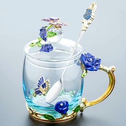 Mooie emaille waterbeker, glas, huishoudelijke set, bloem thee, Crystal Coffee Cup, Bier Cup, Breng een huwelijksgeschenk 320 / 350ml Y200106