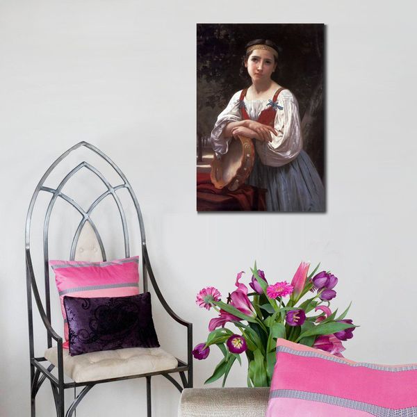 Hermosa mujer lienzo arte dormitorio decoración gitana con tambor vasco William Adolphe Bouguereau pintura hecha a mano de alta calidad