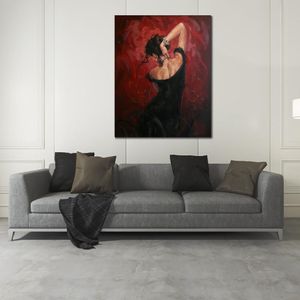 Belle toile figurative Art fait à la main danseuse espagnole de Flamenco en peinture à l'huile texturée noire oeuvre moderne bureau décoration murale