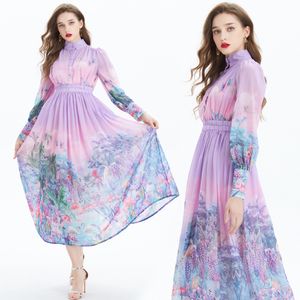 Hermosos vestidos largos florales para damas Camisa Cuello Diseñador Elegante Botón impreso Manga larga Gasa Vestido largo Mujer Pasarela Casual Resort Fiesta Batas Ropa