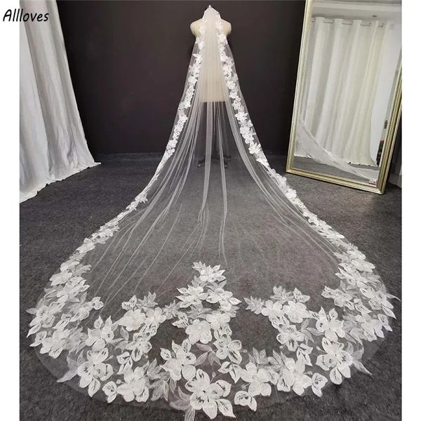 Belle fleur dentelle voile de mariage 3 mètres 1 couche doux Tulle cathédrale ivoire voile de mariée avec peigne accessoire de mariage CL2851