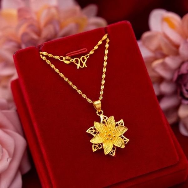 Hermosa cadena colgante de flores Filigrana 18k Joyas de moda de moda de oro amarillo