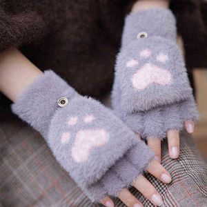 Beautiful Fluffy Cat Paw Plush Fingerless Flip Gloves Women Soft Winter Warm Half Fingers Female Girls Mittens J220719