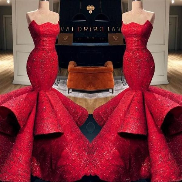 Belles robes de soirée rouges formelles 2020 Satin bretelles paillettes appliques longue robe de bal sirène Pageant robes à volants Skirt246P