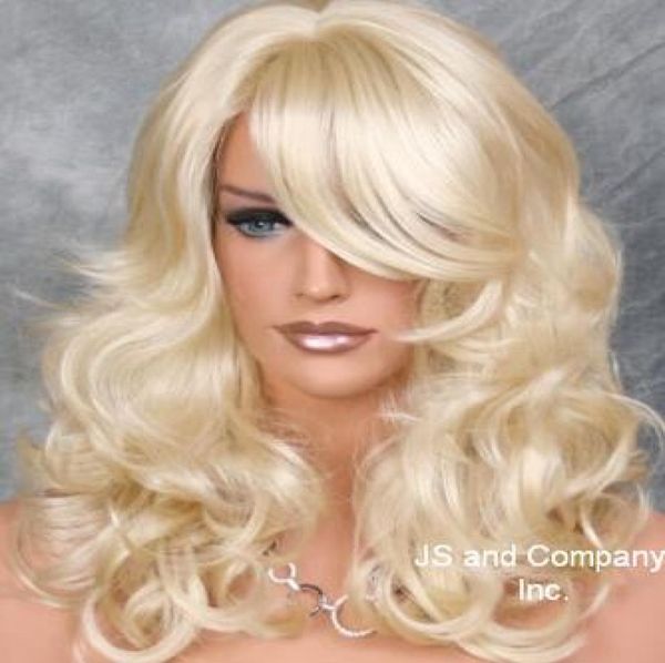 Hermosa peluca rubia pálida rizada ondulada en capas completa con flequillo JSBD 6135311147