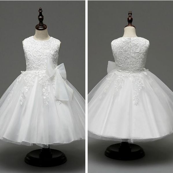 Belles filles robe pour mariage blanc dentelle robes de fleurs bijou décolleté thé longueur belle princesse filles Pageant robe robes de soirée