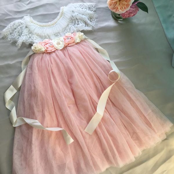 Hermoso vestido largo de encaje Lolita para niñas con fajas y flores - Perfecto para niños, adolescentes y bodas - Vestido de princesa para ocasiones especiales