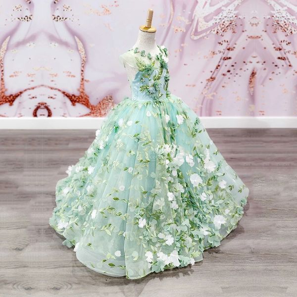 Hermosa tela verde con flores en 3D, vestidos de flores para niñas pequeñas, vestidos de fiesta de cumpleaños para desfile, vestidos de fiesta de noche de lujo