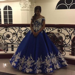 Prinses Blue Prom Dresses Arabisch Off Shoulder Avondjurken Turkije met Applique Flowers Elegante Fomral Party Gown 2019 Roekjes De Soirée