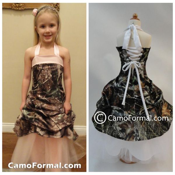 Hermosos vestidos de niñas de flores de camuflaje con cuello halter drapeados formales delgados personalizados en línea vestidos de fiesta para niñas 2018 Venta barata Ropa de cumpleaños de camuflaje