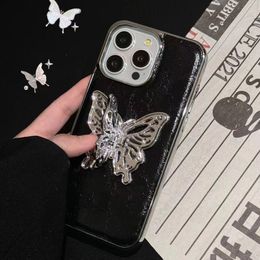 Hermosa caja del teléfono del iPhone 15 14 Pro Max Designer de lujo Butterfly Leather Kickstand Case 18 17 16 15Pro 14Pro 13Pro 13 12 Cases Purso con Box Woman Girls Bd