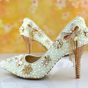 Belles chaussures de mariage en perles d'ivoire chaussures de mariée à talons hauts chaussures de demoiselle d'honneur à bout pointu femmes magnifiques escarpins