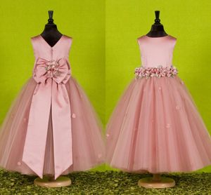 Por encargo hermosos vestidos de niñas de flores rosadas para bodas 2016 Vestidos de niñas bastante formales Vestido de desfile de tul hinchado de satén lindo Primavera