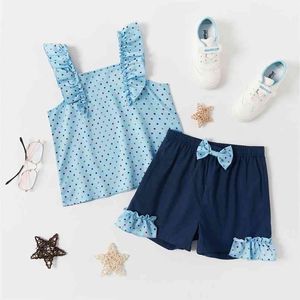 Mooie Kid Girl 2-Piece Flutter-Sleeve Polka Dots Print Shorts Suits 210528