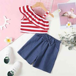 Mooie Kid Girl 2-Piece One Shoulder Stripe Print Shorts Suits 210528