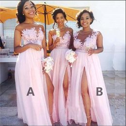 Mooie Kant Chiffon Bruidsmeisje Jurken Zuid-Afrika Plus Size Side Split Evening Jurken Sexy Maid of Honor Dress