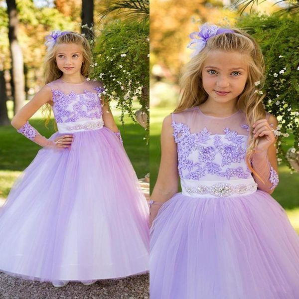 Hermosos vestidos de niña de flores de lavanda para apliques de encaje joya sin mangas con cuentas de tul vestidos de desfile para niñas ropa formal para niños C96