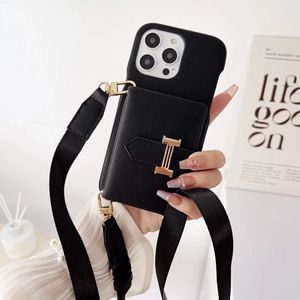 Belle Leahter iPhone Téléphone Cas 15 14 Pro Max Designer Beautiful H Card Slot Crossbody Purse Hi Quality 18 17 16 15pro 14pro 13pro 12pro 13 12 11 Case avec logo Box