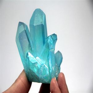 Belle Aura Bleu Clair Quartz Cristal Titane Bismuth Silicium Grappe Arcs-En-Ciel Pierres Naturelles Et Minéraux346f