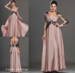 Mooie lange blush prom -jurk met mouwen goede kwaliteit V nek chiffon formele avondjurk feestjurk8292363