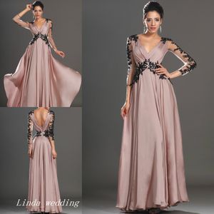 Mooie lange Blush prom jurk met mouwen Goede kwaliteit v-hals chiffon formele avondjurk feestjurk