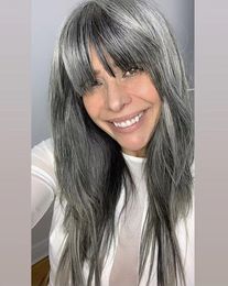 Hermosa larga y lujosa peluca gris hecha a máquina peluca cabello humano naturalmente gris plata sal y pimienta pelucas de cabello brasileño con explosión 130% de densidad