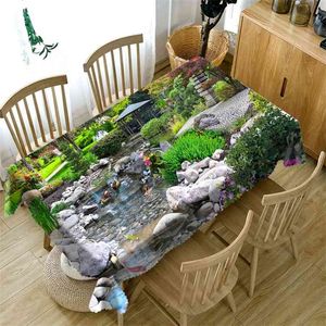 Belle fleur de manoir et ruisseau épaissir nappe en coton 3d vert monde paysage marin tissu lavable table ronde rectangulaire 210626