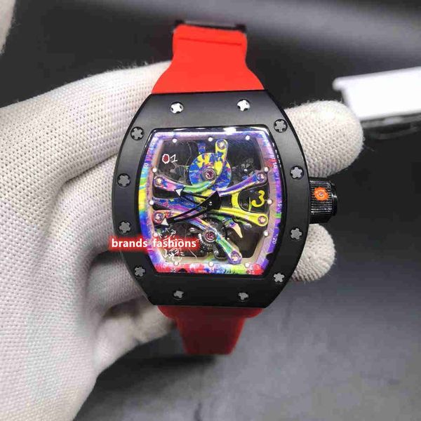 Hermoso reloj de pulsera para hombre, reloj con correa de goma roja, caja de acero inoxidable negra, reloj con movimiento hueco, relojes mecánicos automáticos