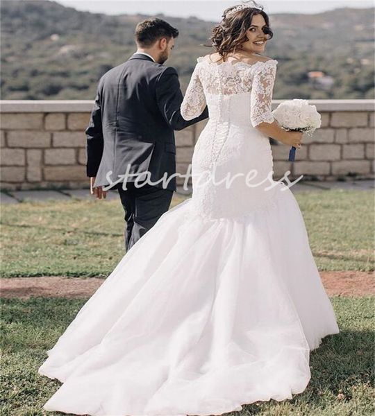 Hermosa sirena vestido de novia de encaje blanco cuello barco media manga encaje jardín país vestido de novia corsé caprichoso bohemio nupcial Vetios De Novia Robe Mariage