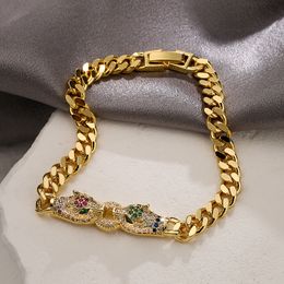 Hermosa Micro Pave Leopards Head Charm Bracelet Hip Hop Gold Cuban Link Chain Pulseras Joyería para regalo