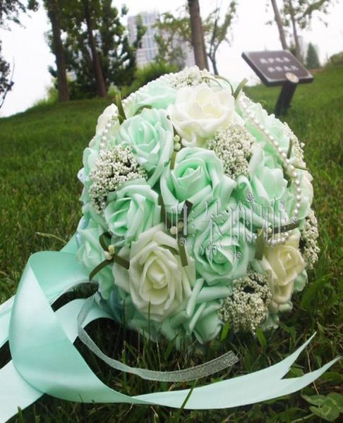 Beau bouquet de mariage vert menthe avec fleur de poignet CorsagPerles artificielles fleur de mariée bouquets de mariage bouquet4011153