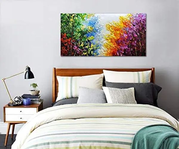 Hermosa pintura al óleo abstracta moderna sobre lienzo, arte de pared de árboles, imágenes al óleo gruesas hechas a mano para decoración de sala de estar y dormitorio