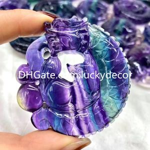 Hermosa fluorita natural dragón zorro escultura artes bien cortado arco iris cristal de cuarzo sol luna estatua piedra preciosa dragón Yin Yang Tai Chi estatuilla colección especial