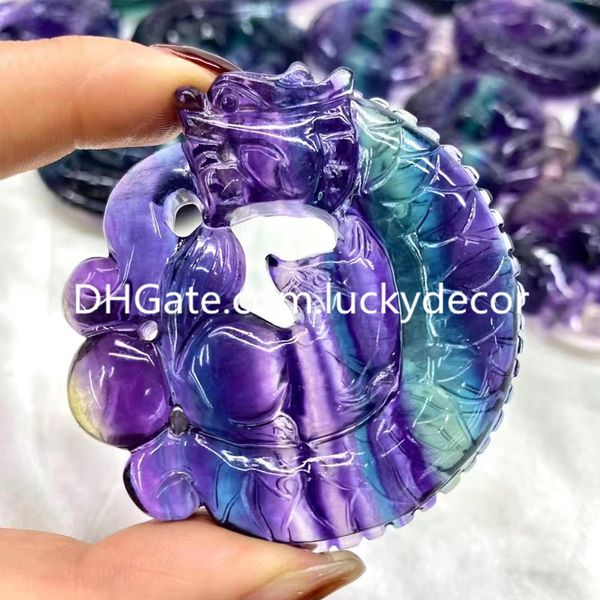 Hermosa fluorita natural dragón zorro escultura artes bien cortado arco iris cristal de cuarzo sol luna estatua piedra preciosa dragón Yin Yang Tai Chi estatuilla colección especial