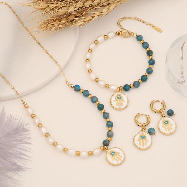 Belle pierre naturelle collier de perles blanches main de Fatima mauvais œil pendentif colliers Bracelet boucle d'oreille bijoux