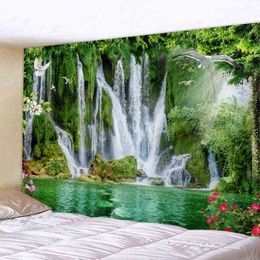 Hermosa naturaleza Cascada Tapiz Bosque Estampado marino Hippie Colgante de pared Alfombras bohemias Mandala Decoración J220804