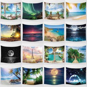 Bella notte Luna Mare Spiaggia Paesaggio Wall Art Tappeto Decorazione di sfondo J220804