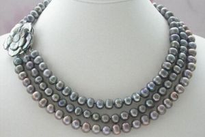 Belle Noble 3 brins 7-8mm gris Perle D'eau Douce Collier Fleur Shell Fermoir