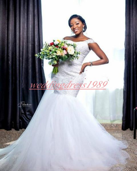 Belle épaule dentelle robes de mariée sirène perles paillettes équipage robe de mariée nigériane plus la taille pure tulle robe de mariée sud-africaine