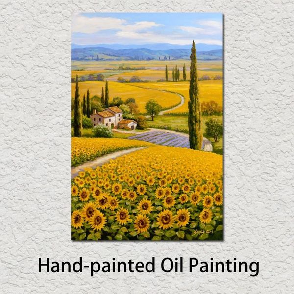 Hermosa pintura al óleo de paisajes, arte de campo de flores de girasol sobre lienzo pintado a mano para decoración de pared de habitación de estudio, 255W