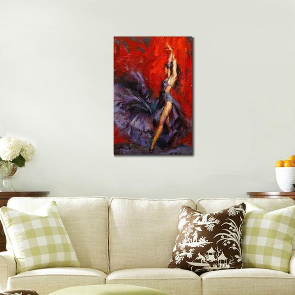 Belles peintures à l'huile femme danseuse de flamenco rouge violet moderne toile oeuvre abstraite danse art peint à la main pour salon décoration murale