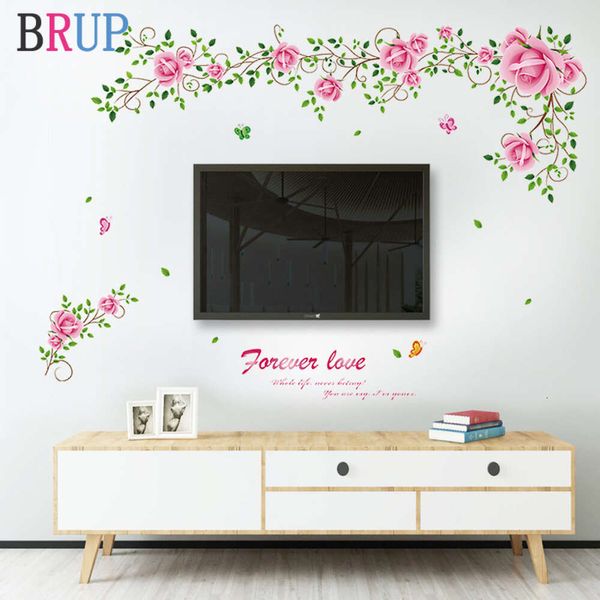 Hermosas pegatinas de pared de flores rosas, decoración romántica para sofá y Tv, calcomanías creativas para pared, papel tapiz artístico de vinilo de Pvc extraíble