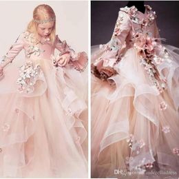 Mooie roze meisje Pageant jurken met 3D-floral appliques vintage juweel hals lange mouw bloem meisje verjaardagsfeest communie jurken