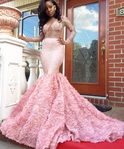 Belles robes de bal roses sirène à manches longues voir à travers le décolleté fleur brillant cristal africain dernière robe de soirée 2017