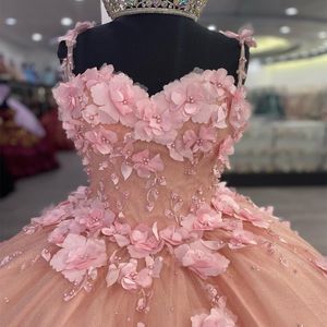 Mooie roze quinceanera prom jurken 3d bloemen volwassen zoete 15 feestjurken glitter junior meisjes optochtjurk