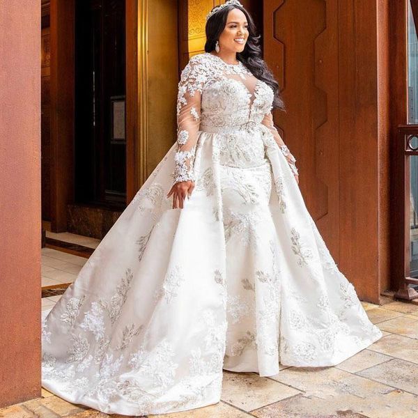 Belle taille plus robes de mariée en dentelle sirène africaine avec jupe détachable à manches longues pays robe de novia robe de mariée Br304T