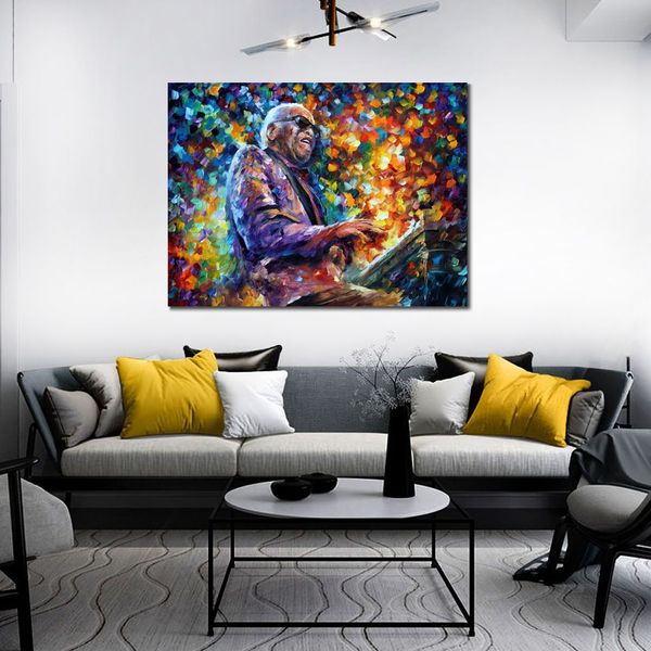 Hermoso retrato músico lienzo arte Ray Charles pintura al óleo hecha a mano para la pared del dormitorio