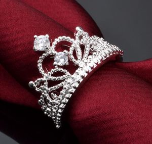Mooie Prinses Sieraden Plating S925 Sterling Zilveren Kroon Crystal Diamond Ring Zirkoon Trouwring Size US8
