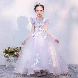 Belle robe de bal violette Princess Kids Robes de mariée en dentelle Appliques perle long train filles concours de robe en tulle 3d Floral Girl Communion Robe 403