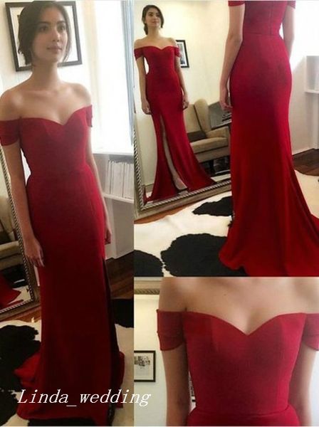 Hermoso vestido de fiesta largo rojo Sexy sirena con abertura lateral y hombros descubiertos vestido para ocasiones especiales vestido de fiesta de noche